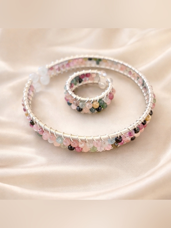 The Unbranded Brand Jewelry - ✨ Handmade Multicolor Gemstone Beaded Bracelet & Ring Set | Silver Tone Wrap | ✨